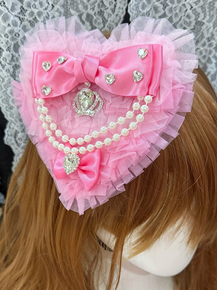 Heart-shaped Charm Hairclip Details Beaded Pink Bowknot Decorated Rhinestone