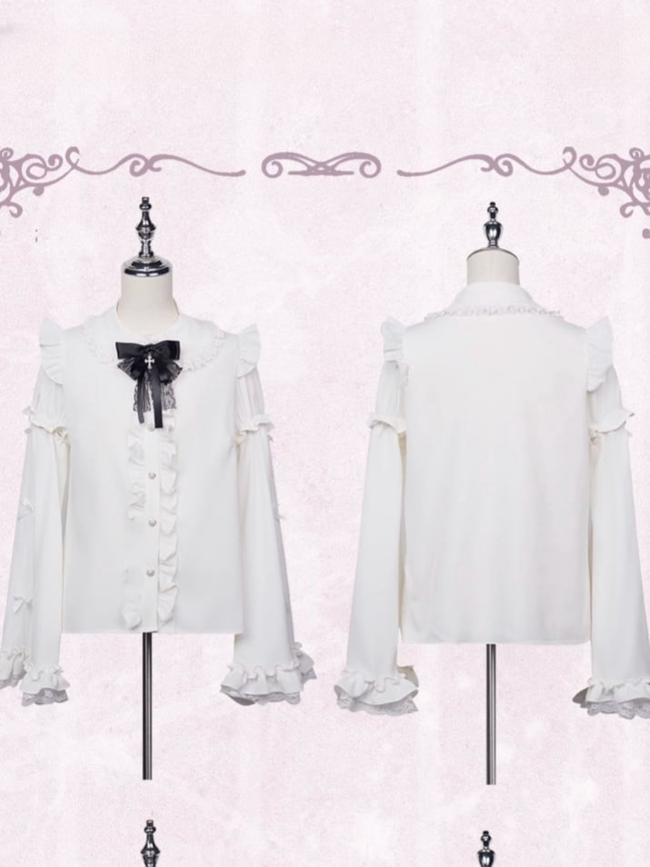 Jirai Kei Peter Collar Bowknot Sleeves Ruffled Lace Gothic Lolita Pan Trim White Blouse with Detachable Bell