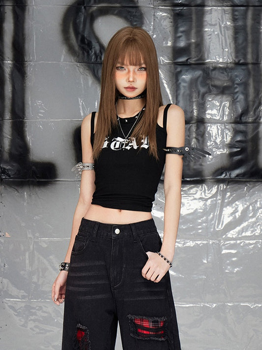 Black Print Design Double Shoulder Straps Sleeveless Top