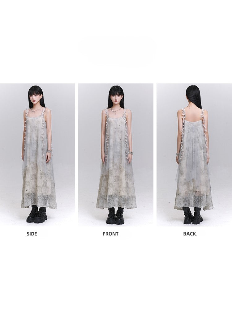 Gray with Ribbons Layered Dress Embroidered Slip Tulle Floral Hem Asymmetrical