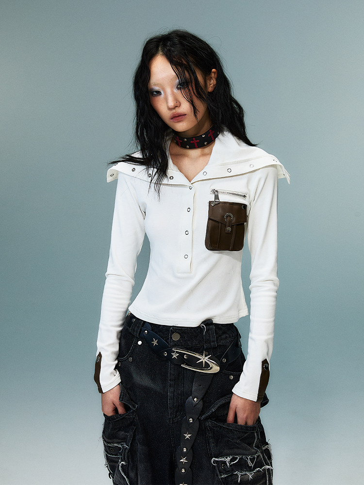 PU Pocket White Punk High-Neck Knit Top with Brown