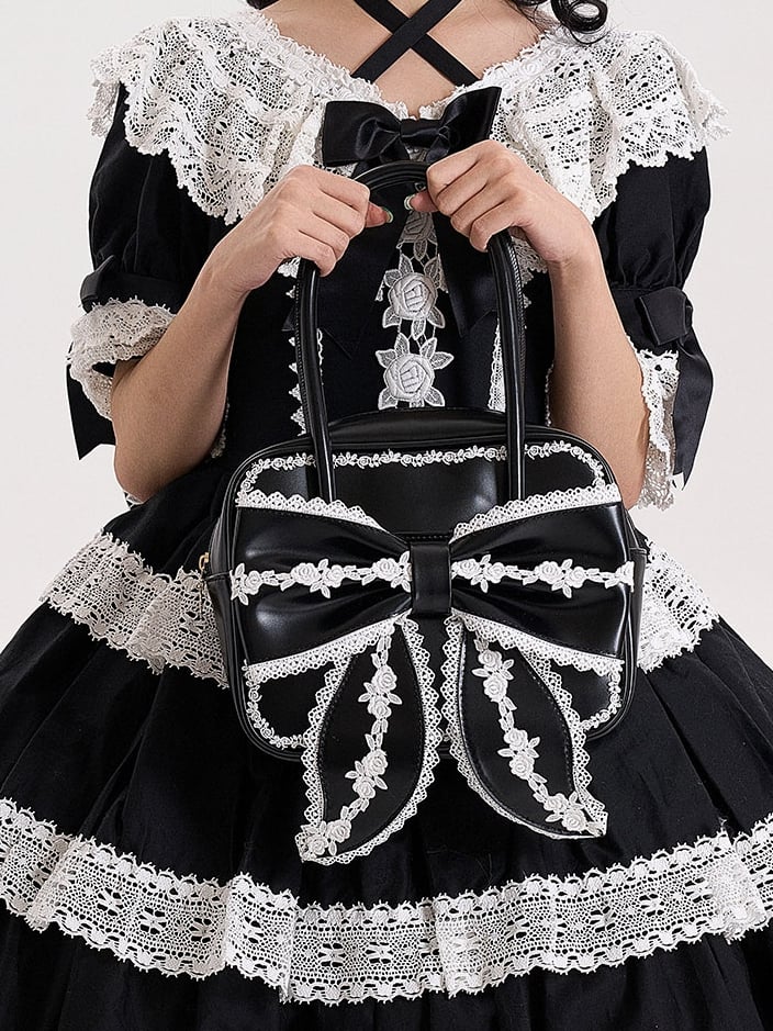Bag Lolita Bow Sweet PU Square Big Lace with Front School Black White and Old Trim