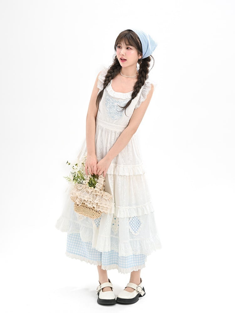 Overdress Trim Patch White Flutter Sleeves Lace Embroidery Plaid Tiered Cutton Skirt Blue