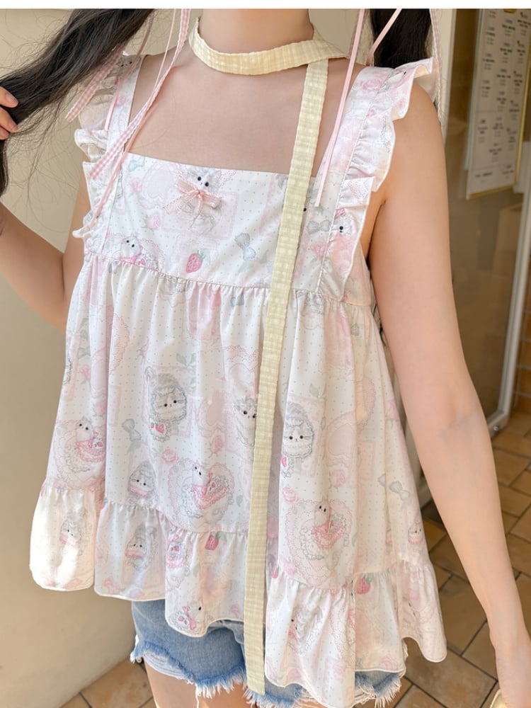 Print Sweet Pink Flutter Sleeves Allover Sleeveless Top Kitty
