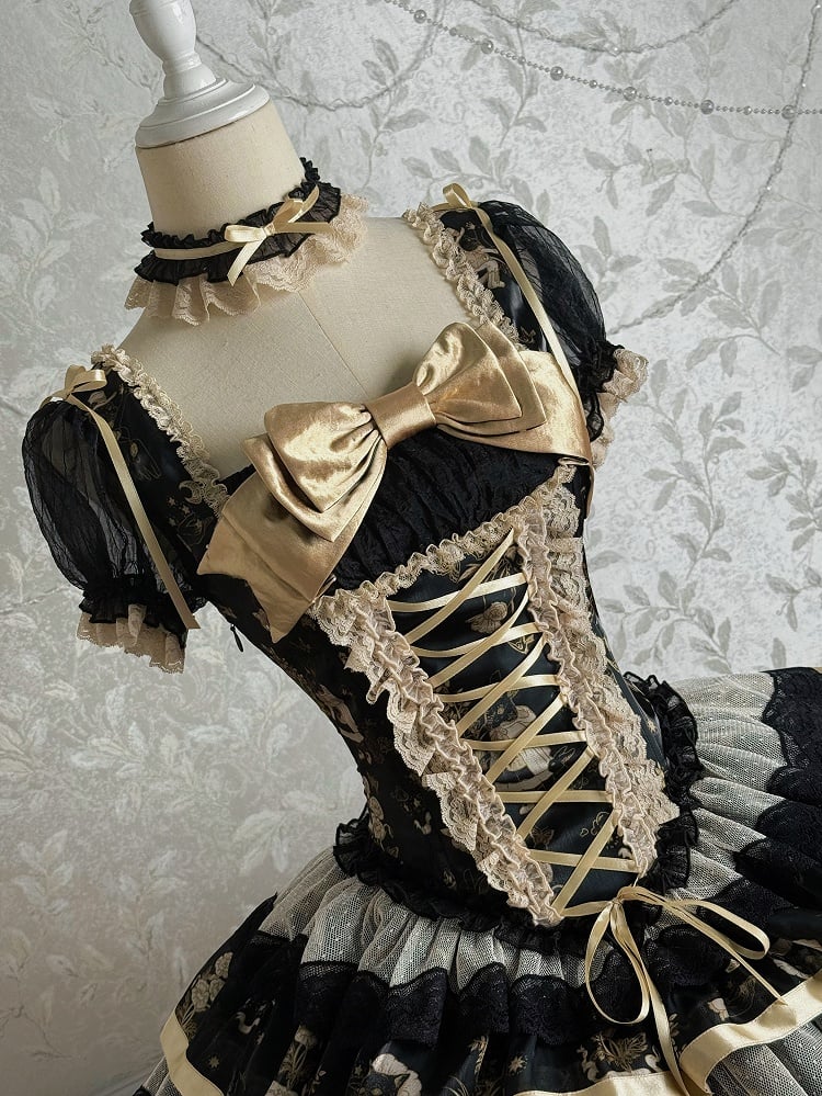 Print Puff Short Gold Dress Corset Bunny Lolita and Black Kitty Sleeves
