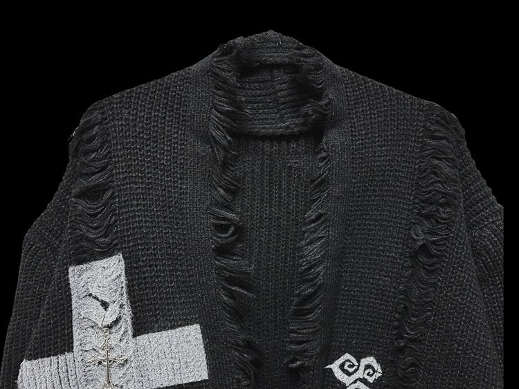 Gothic Punk Black Cross and Skeleton Distress Holes Cardigan Raw Edge