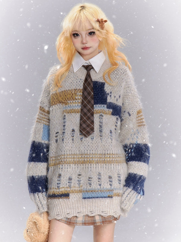 Kaffee/Aprikose Patchwork Distressed Holes Lockerer Pullover