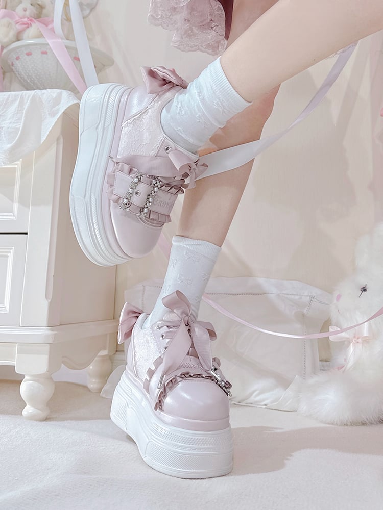 Platforms Kei Design Bow Pink Jirai Beaded Buckle Shoes Accents