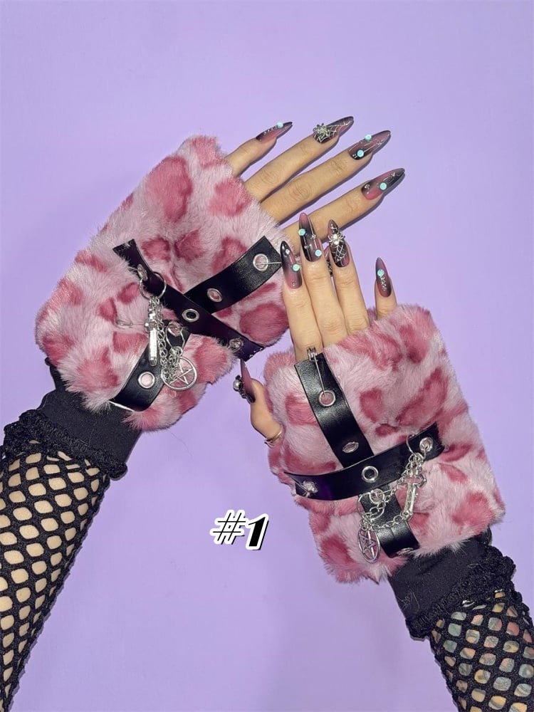 Gothic Cross Charms Leopard Halbfingerhandschuhe