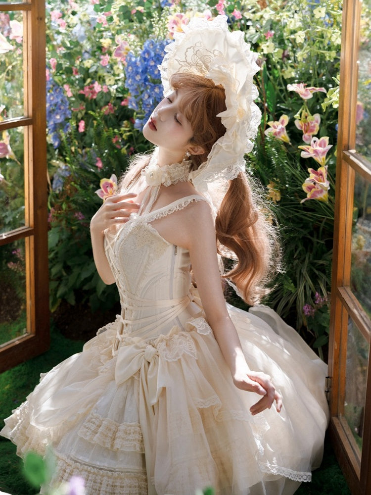 + Top Set Creamy Elegant Balletcore Skirt Lolita High-low Overlay Corset - Boned