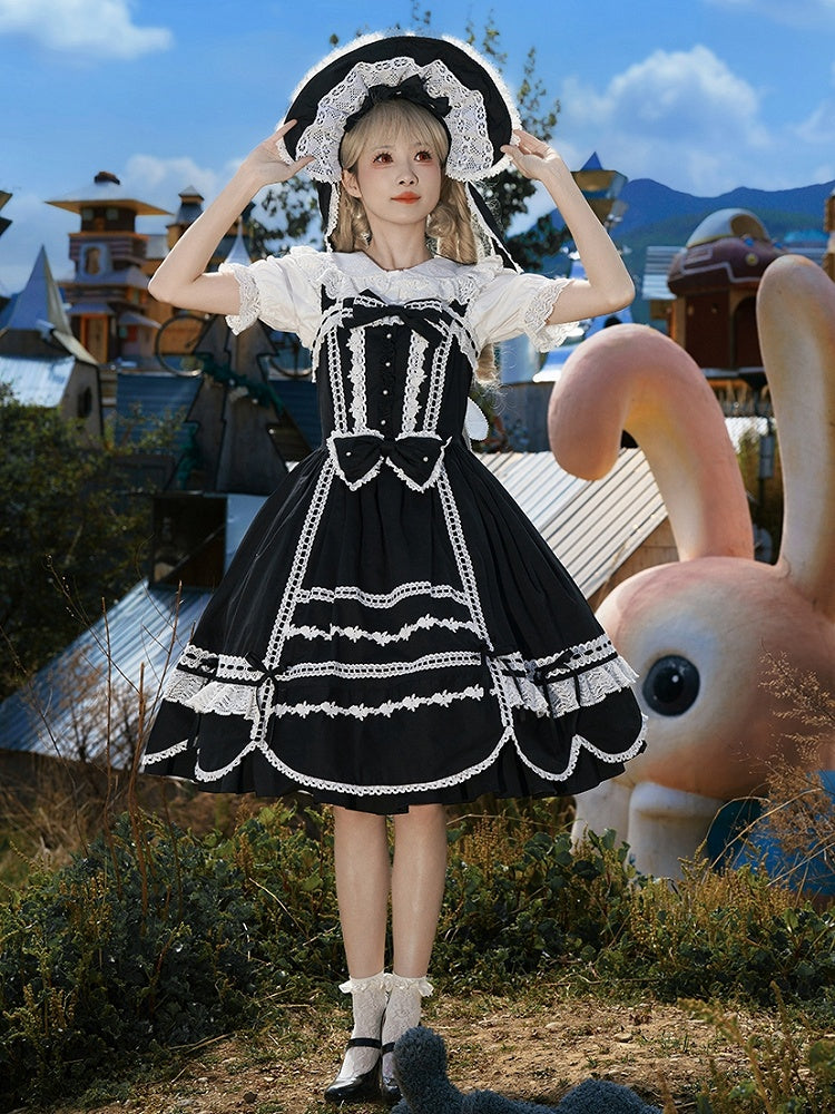 Trimmen Sie alten schwarzen Pullover Saum Schule Rand Kleid gewellten Rock Lolita