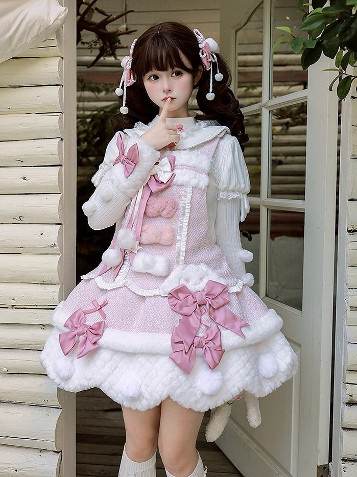 Pom-poms Pink with Lolita Overalls Trim Scalloped Sweet Dress White Bowknots Edge and