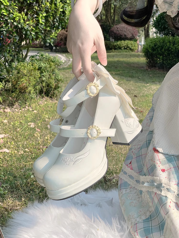 Lily Polished the Heels White Mary Middle Janes Detachable Valley Embroidery Bowknot of