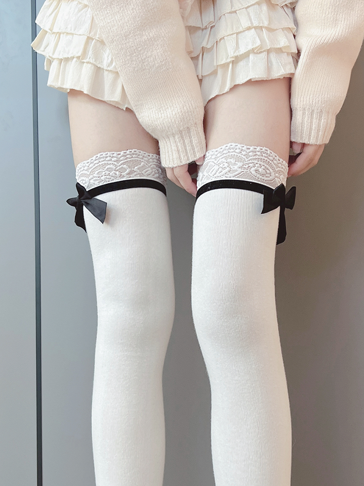 Milk White Sweet Bowknot Lace Trim Overknee Stockings