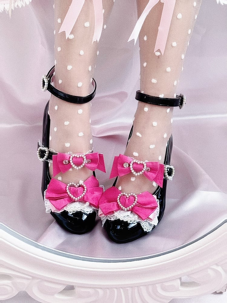 Rosa Schuhe Jirai Heels Cut-out Janes und Black Fashion Kei Wedge Gyaru Mary Heart