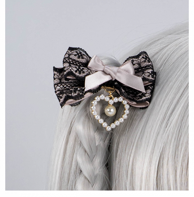 5 Colors Beaded Heart Charm Jirai Kei Lace Bow Hairclips