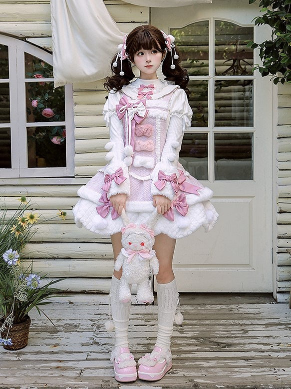 Pom-poms Pink with Lolita Overalls Trim Scalloped Sweet Dress White Bowknots Edge and