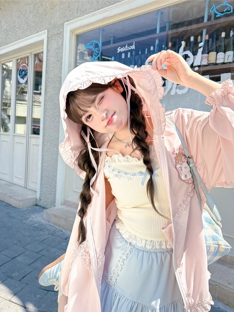 Spitze Yume Kawaii Rosa Erdbeere Applique Jacke Bowknot Sonnenschutz Mit Kapuze