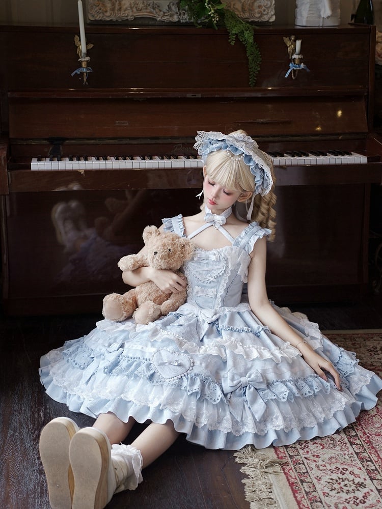 Blau-weißes Old School Lolita-Kleid mit Schleifen und herzförmiger Dekoration, Prinzessinnen-Lolita-Pulloverrock