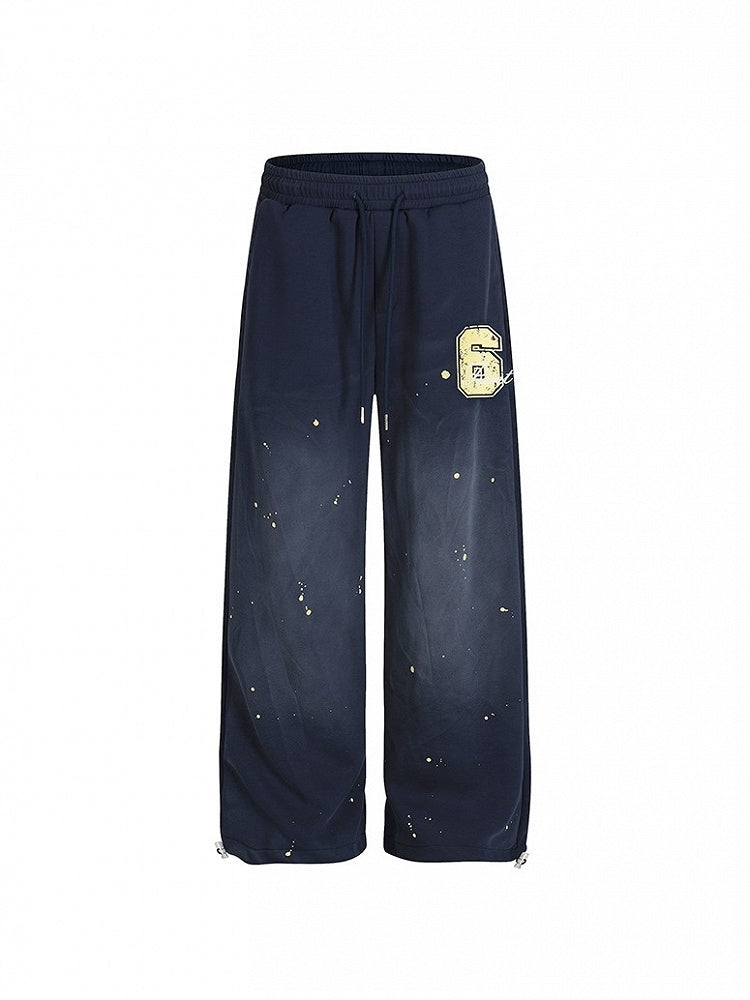 '6' Sweatpants Wide-Leg Blue Vintage Paint Yellow Print with