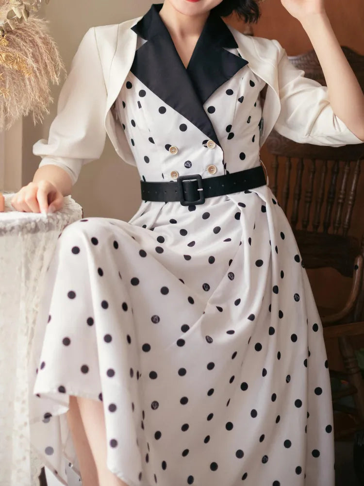 Dress Blazer Collar Retro Pattern Polka Dots White and Fashion 1950s Black