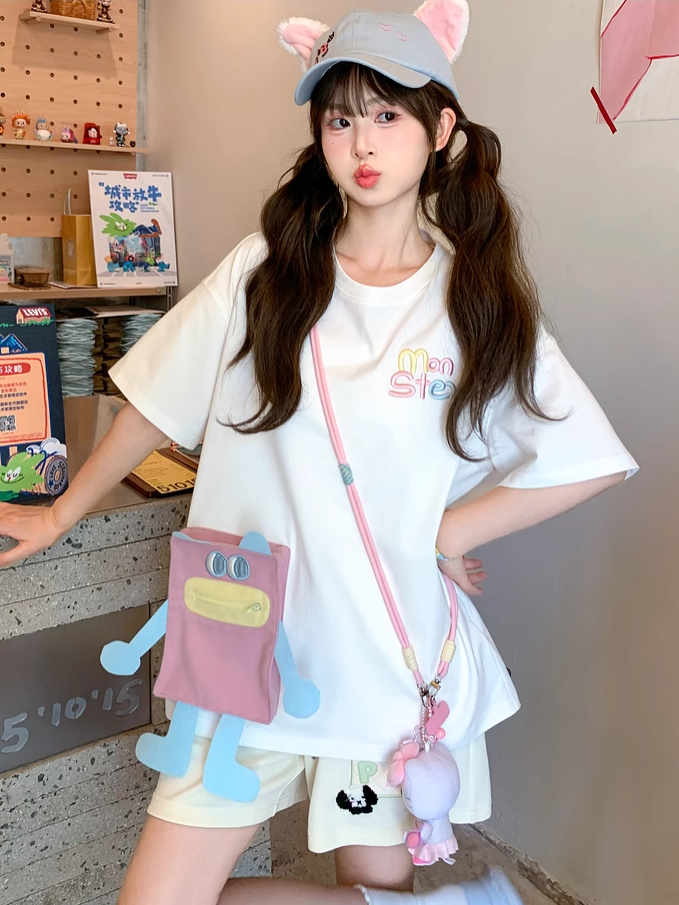 T-shirt Blue/Pink Neck Loose Cartoon Pocket White Round