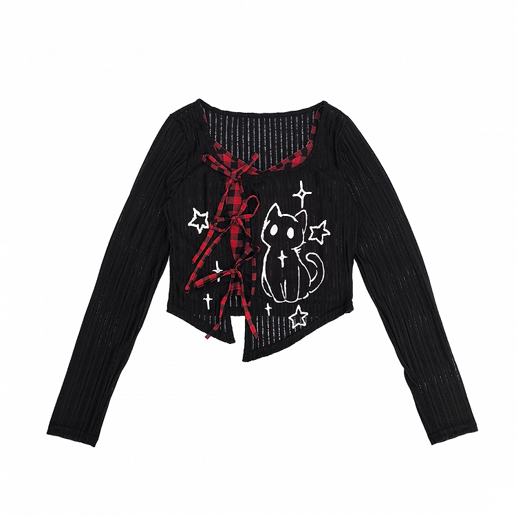 Y2K Coverup Set Plaid Cami Top with Kitten Print Black Red/Gray
