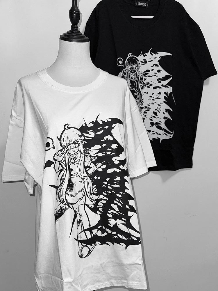 Neck Jirai Kei Girl T-shirt Print White/Black Cartoon Round