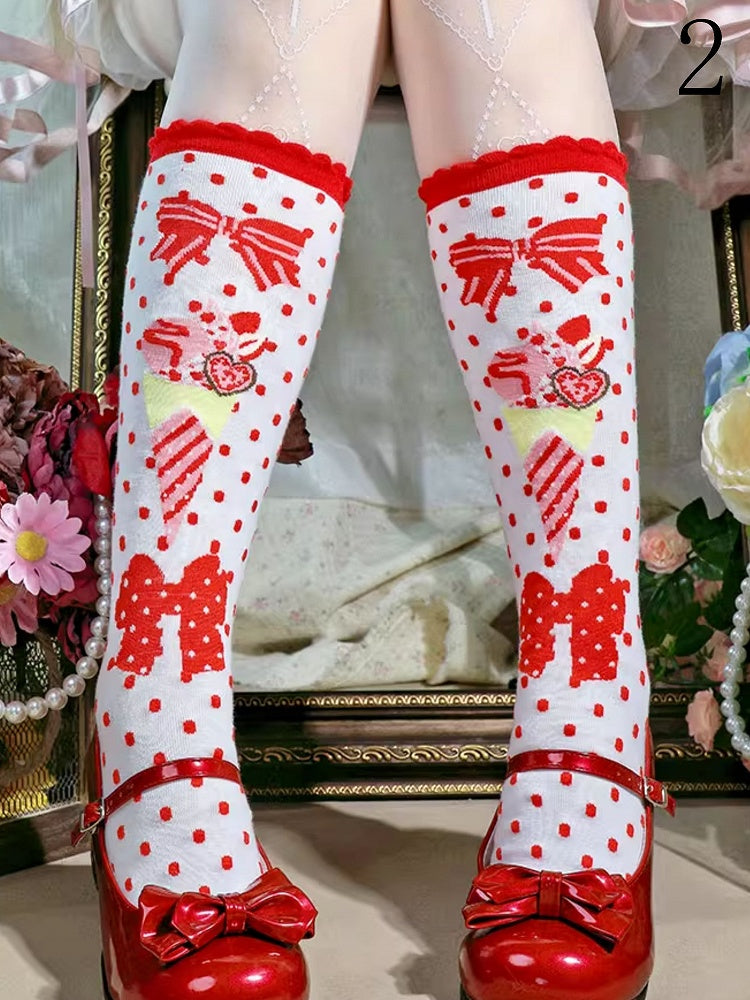 Cream Cuff socks Pattern Polka-dot Ruffled Calf Lolita Ice Strawberry