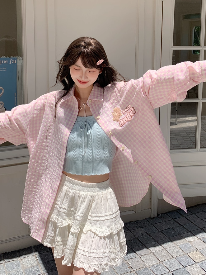 Pink Loose Plaid Shirt Adorable Bear Embroidery