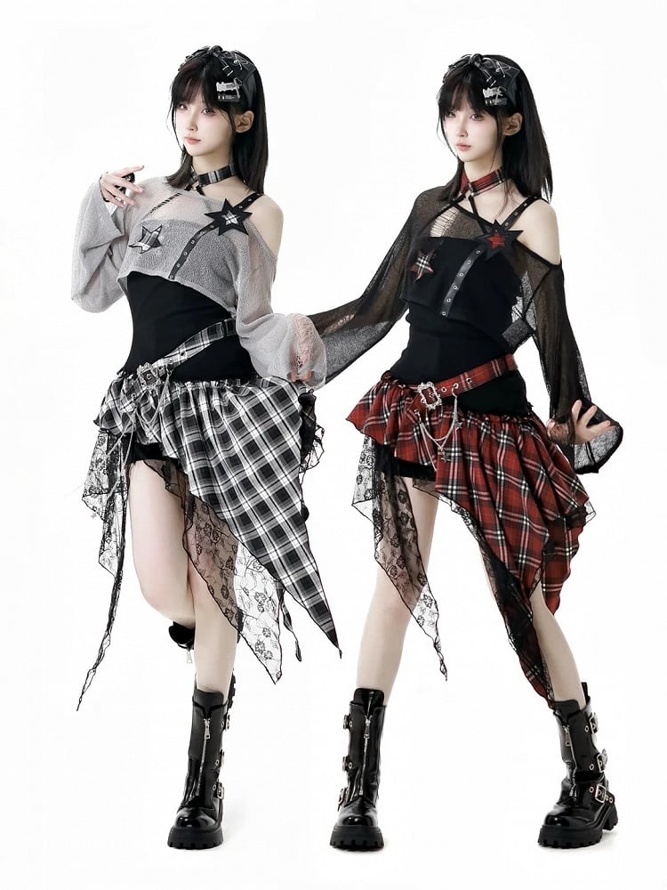 Rock Red/Black White Plaid Mesh Strapless Dress Patches Handkerchief Hem Punk