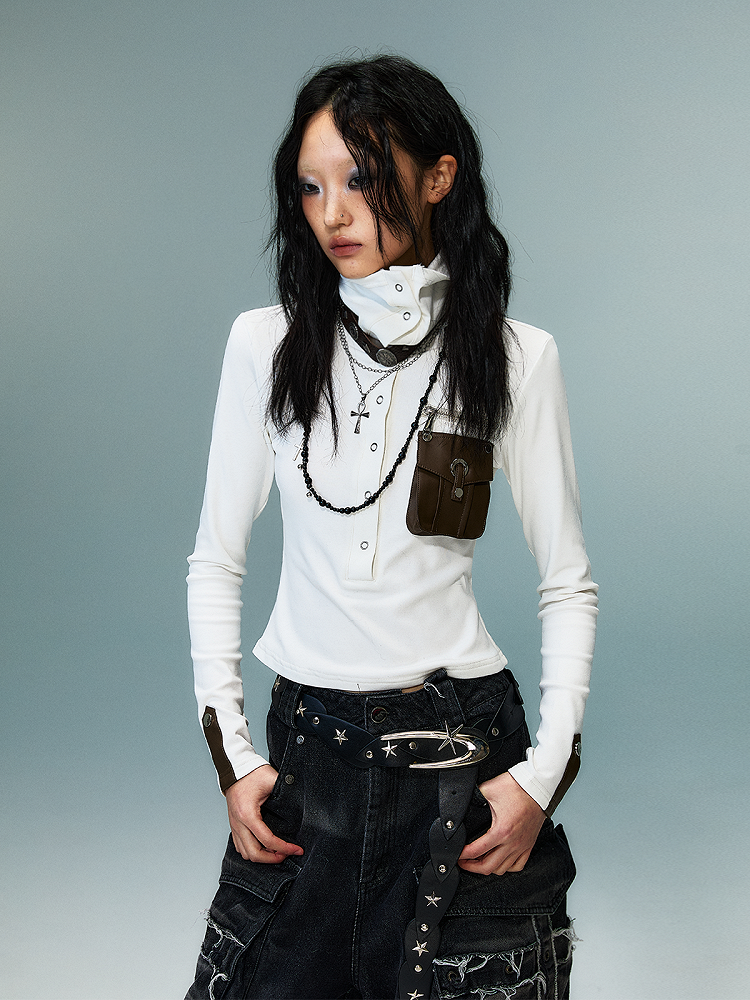PU Pocket White Punk High-Neck Knit Top with Brown
