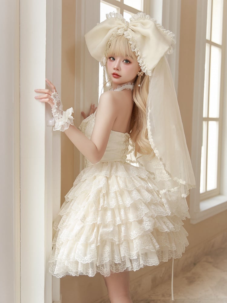 Creamy Scallop Lolita White Skirt Trim Embroidered Princess Dress Tiered