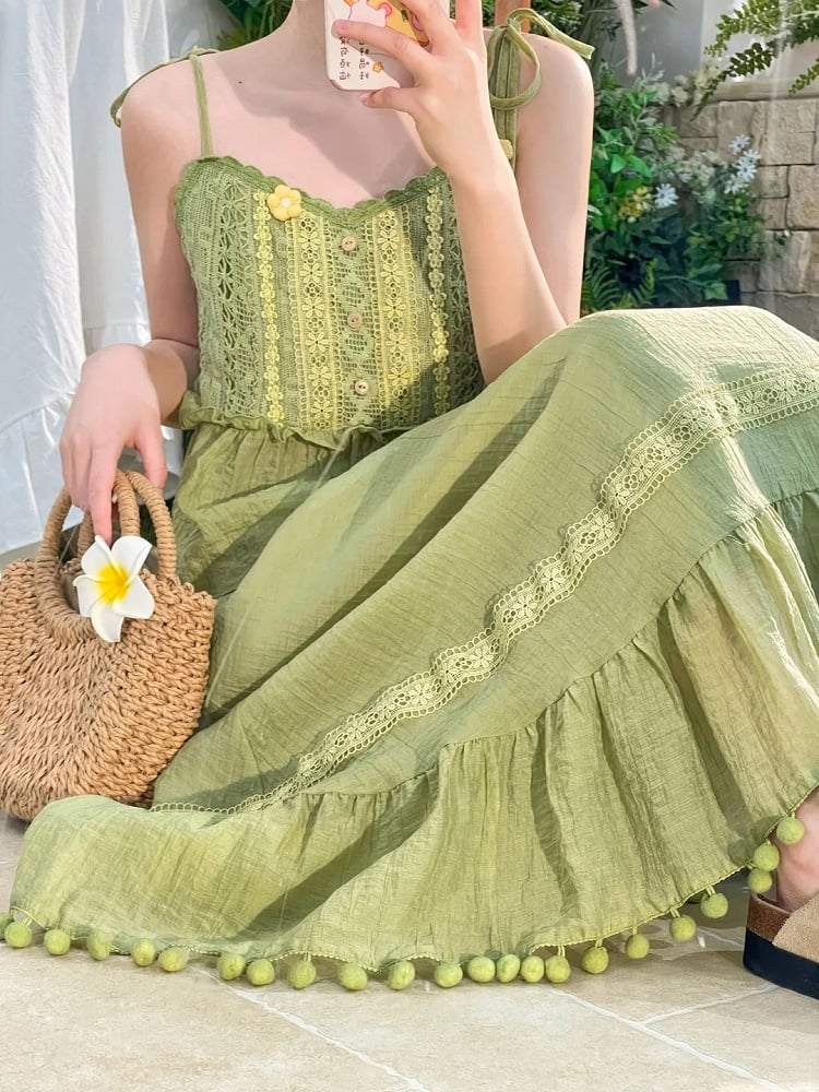 Mori Kei Green Knitted Floral Accents Cami Top