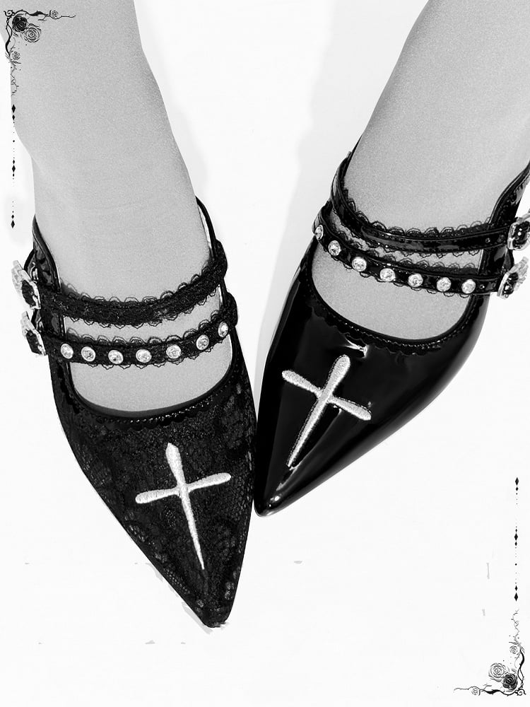 Embroidery Cross Heel with Stiletto Lace Sandals 6cm Gothic Pointed Toe Black