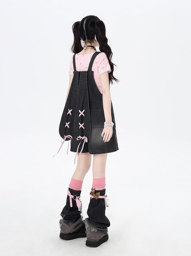Black Bunny Ears Design Back Adorable Lace-up Denim Overall Shorts