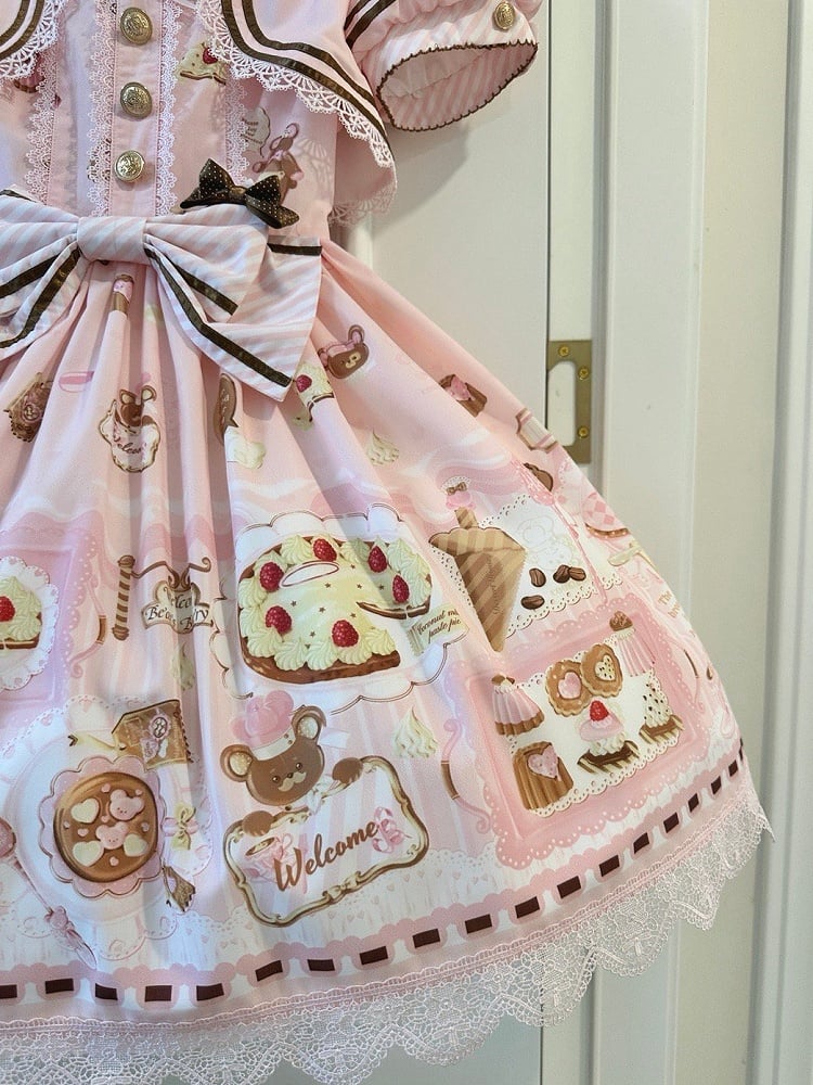 Two-pieces Theme Fake Desserts Bear Dress Pink Lolita Sweet Print Design