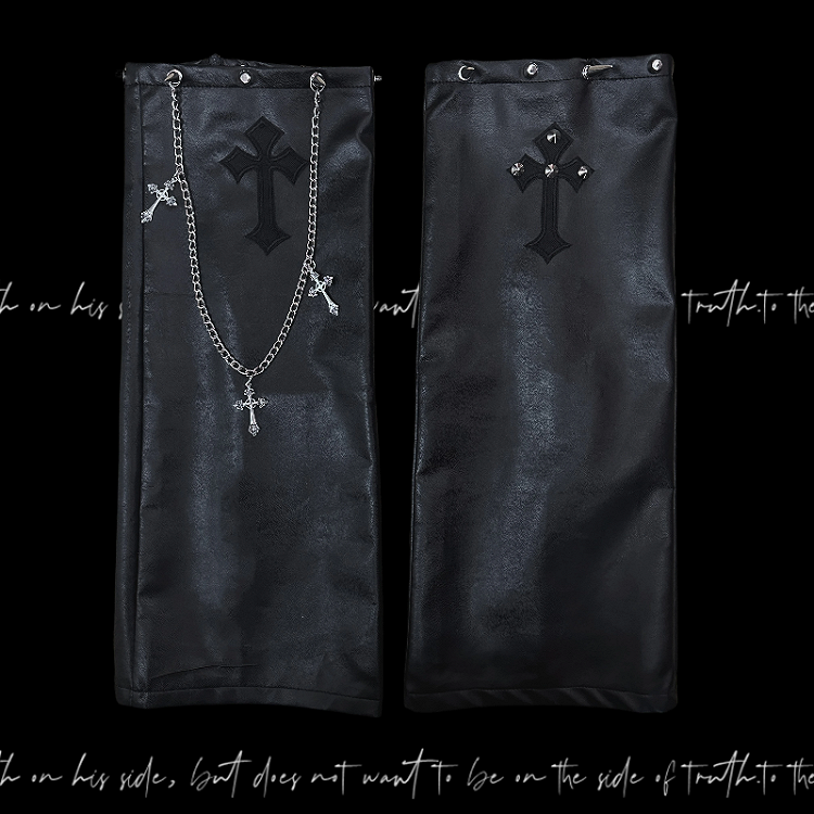 with Gothic Punk Black Cross Applique PU Studded Glamorous Chain Leg Warmers