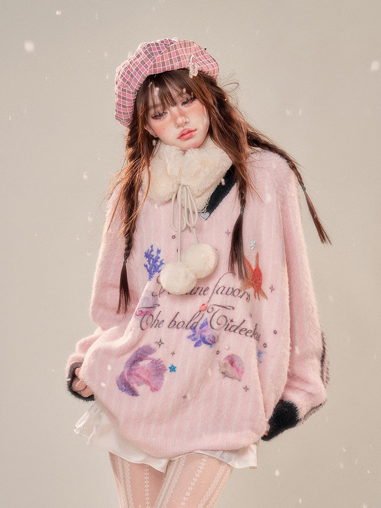 V-Neck Plush Sweater with Oceanic Prints Cozy Pink Stripes