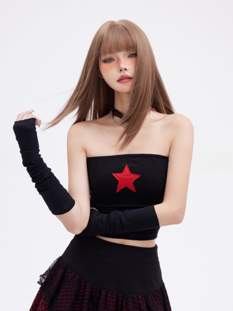 Glamorous Vintage Black Slim-fitting Bustier Top Red Star Print Cropped