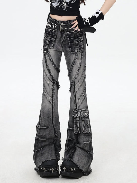 Black Rise Raw Hem Faded Wash Flared Cargo Jeans Y2K Low