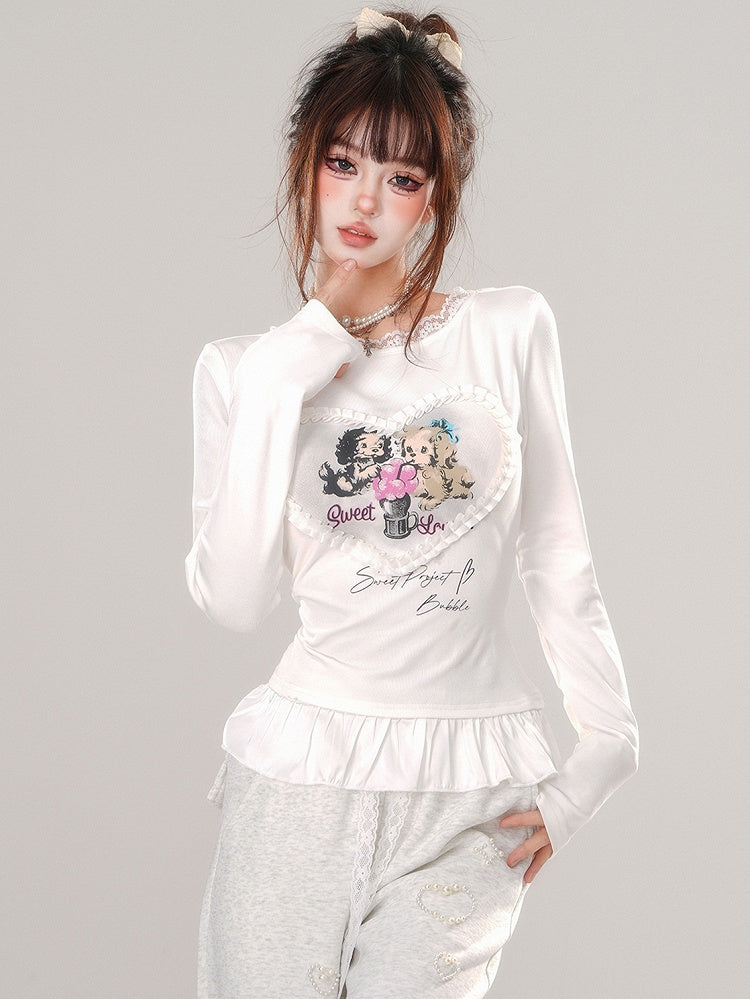 グレー/ホワイト パピーズプリント フリルヘム スリムフィット Tシャツ
