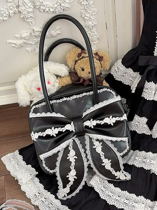 Bag Lolita Bow Sweet PU Square Big Lace with Front School Black White and Old Trim