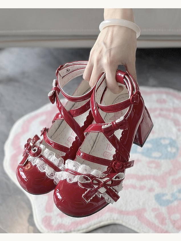 Lolita Sweet Toe – Rote Win Round-Schuhe mit mittlerem Absatz