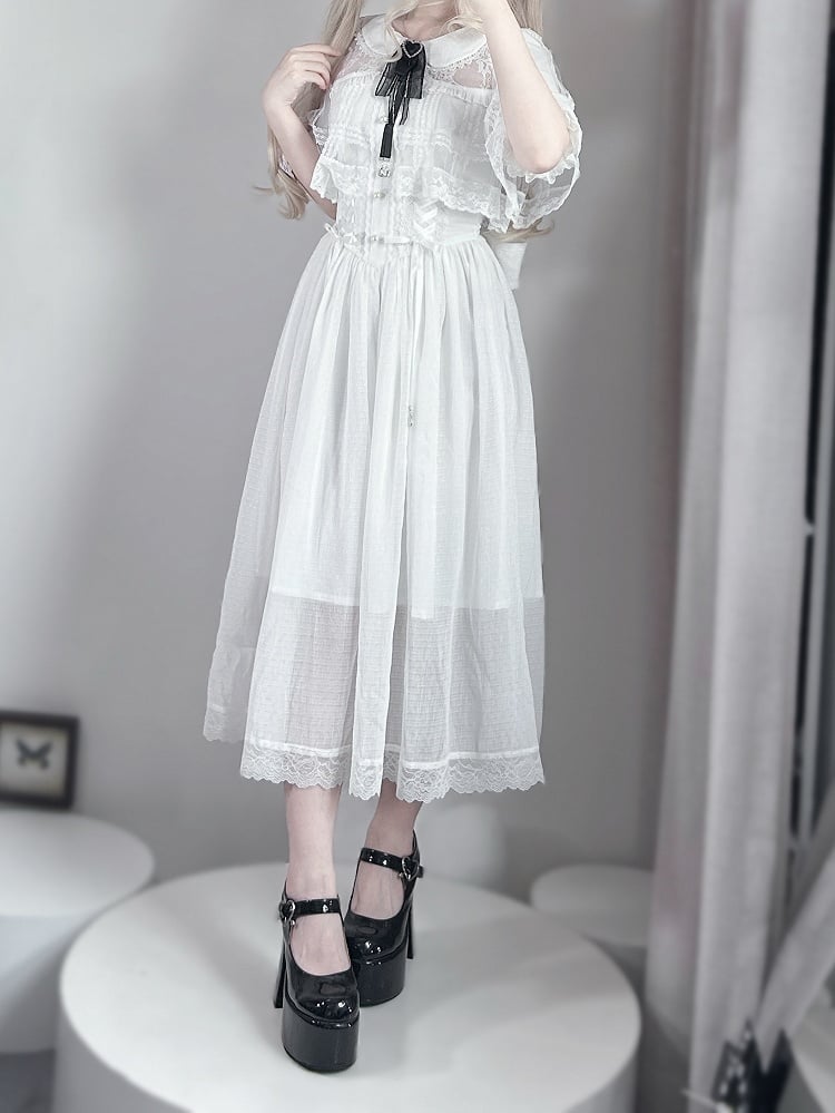 Kei Design Jirai Long and Lace-up Waist Fabric with Cape White Dress Chiffon