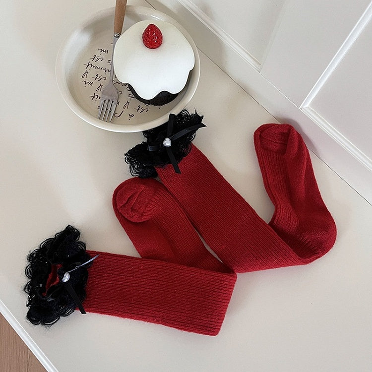 Chaussettes Lolita blanches à revers en dentelle et nœud papillon