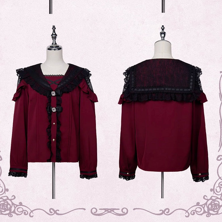 Rhinestones Bowknots Blouse Red Jirai Kei Sailor Collar Ruffled Lace Trim Wine