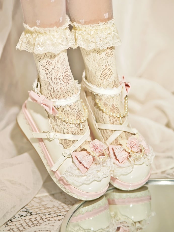 at Design Bow Trim White Chain Heart Platforms Beaded Buckle With Floral Top Detachable Lace