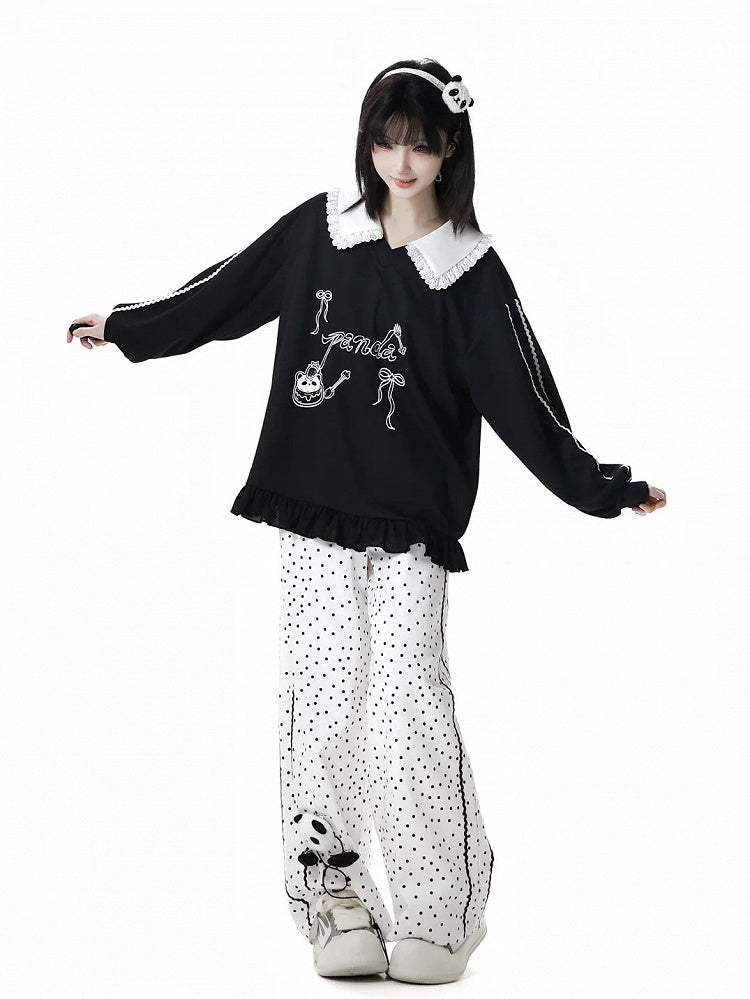 Short/Long Top Sleeves Panda Dessert Print Ruffled Pointed Flat Collar Ruffled Hem Black