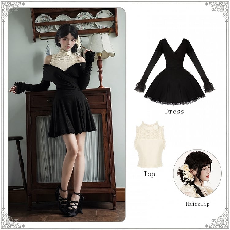 V-Neck + Short Top Hairclip Deep Sleeves Flower Knit Sleeveless Beige Black Long Dress